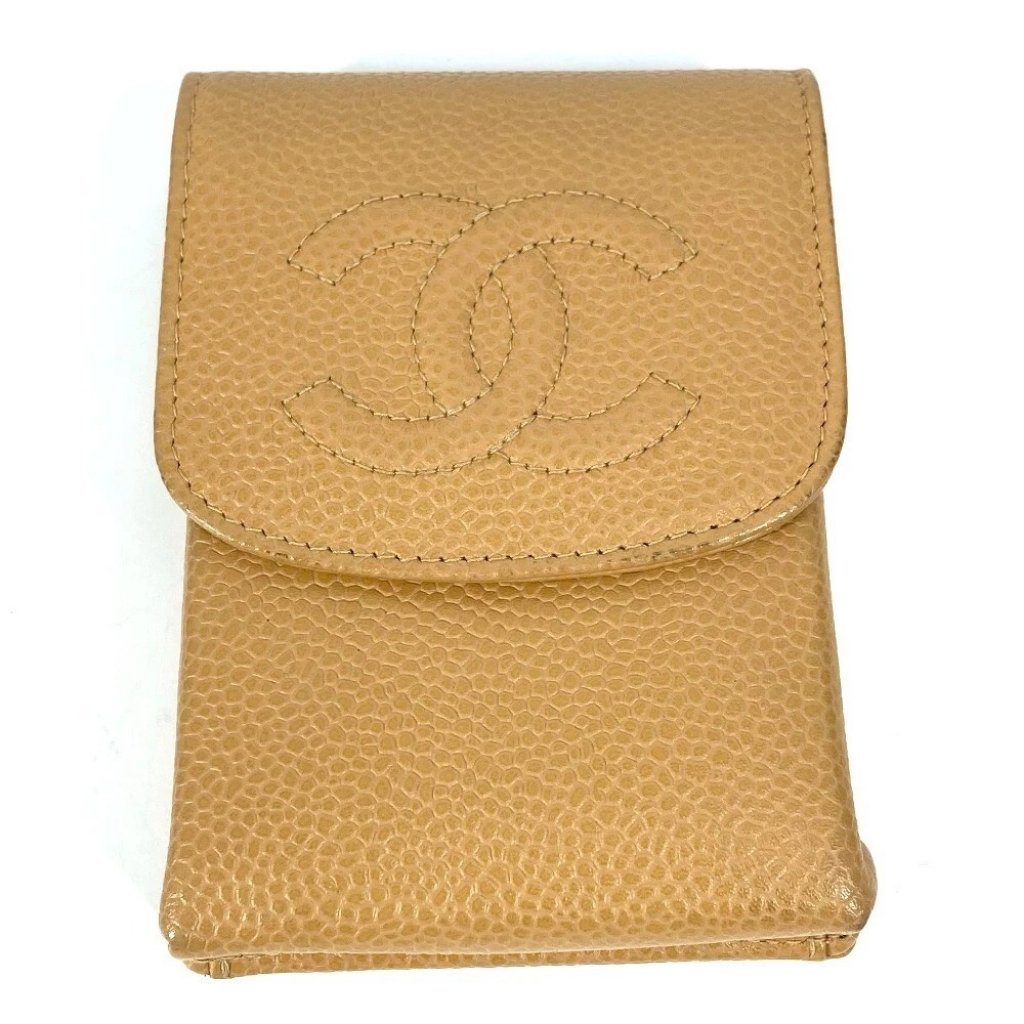 Chanel A13511 Cc Logo Cigarette Case Pouch Cigarette Case Caviar Leather Beige
